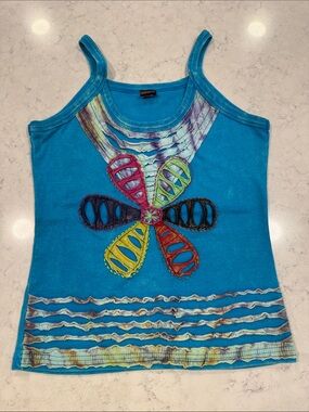 Vintage KPC Boho Hippie Teal Floral Cutout Tank Top 100% Cotton Multicolored